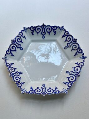 Vintage White Hexagonal Ceramic Serving Dish with Cobalt Blue & Gold Trim